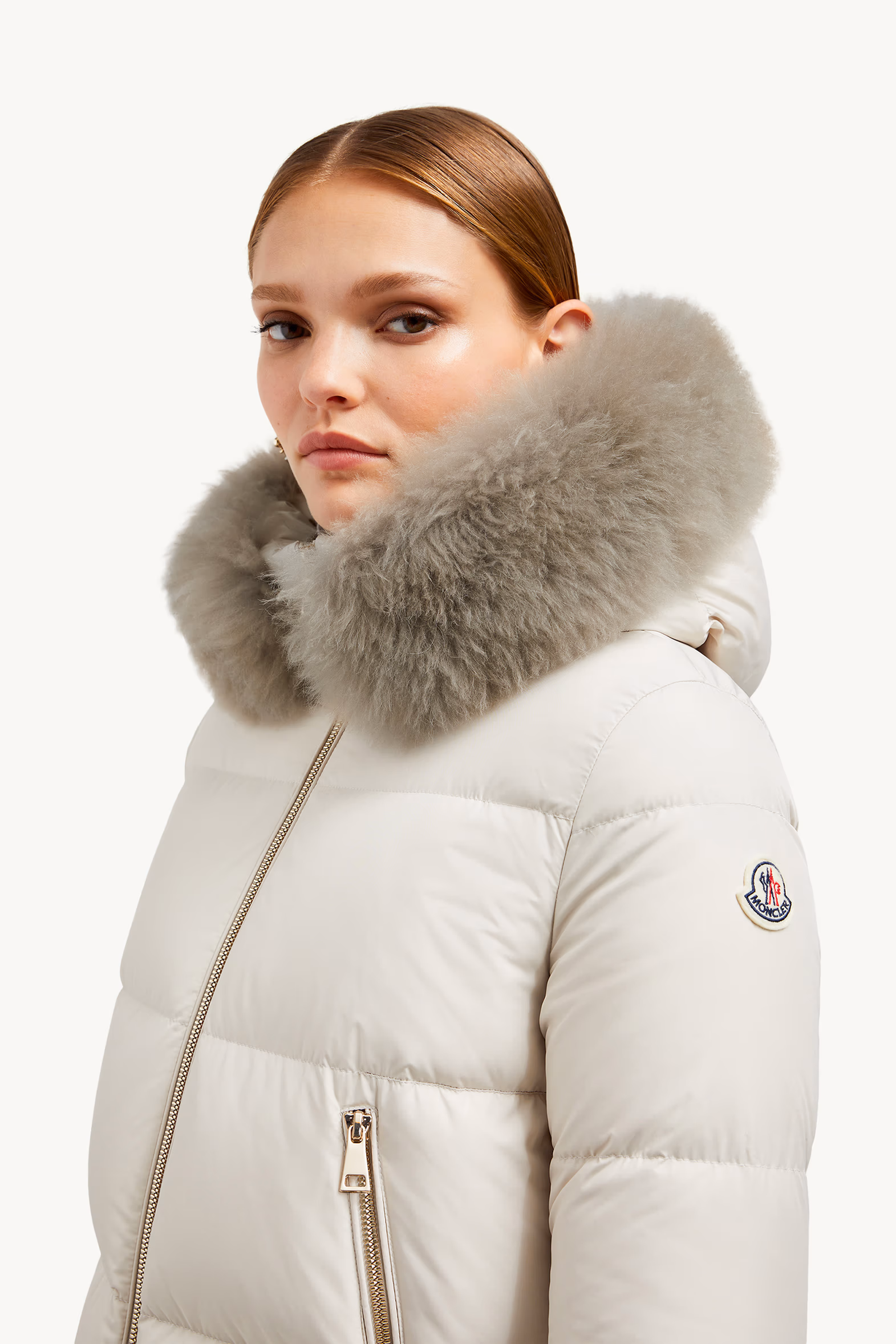 Laichefur Hooded Shearling-Trimmed Short Down Jacket Women White Moncler 4